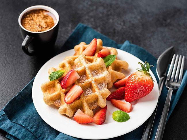 Multi-Grain Waffles with Strawberries and Mint